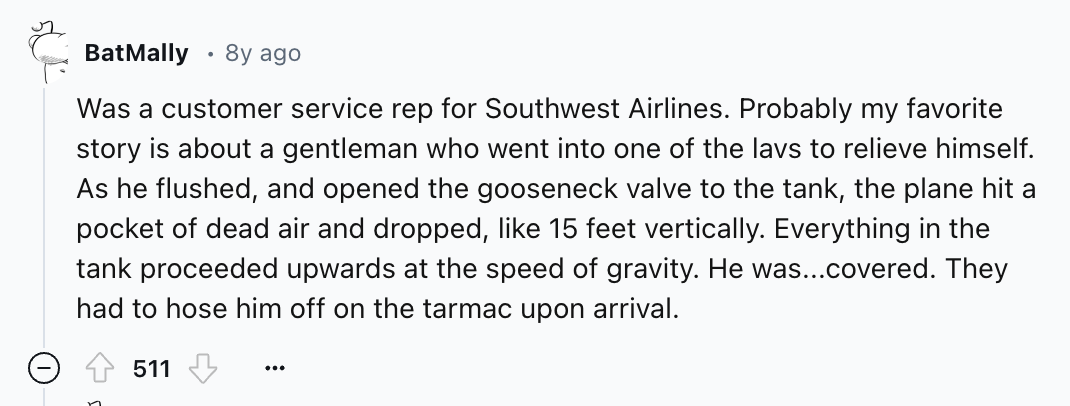 number - BatMally 8y ago Was a customer service rep for Southwest Airlines. Probably my favorite story is about a gentleman who went into one of the lavs to relieve himself. As he flushed, and opened the gooseneck valve to the tank, the plane hit a pocket